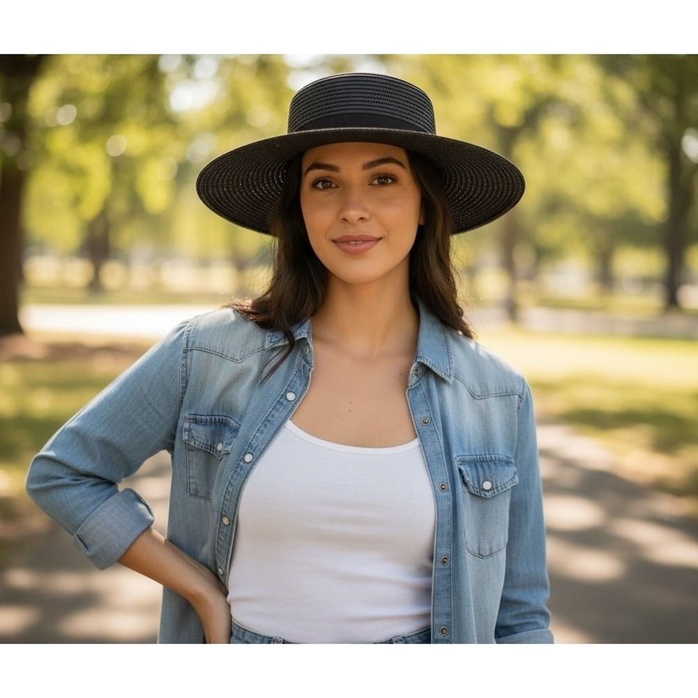 Universal Thread Straw Hat Womens OS Black Wide Brim Sun Hat Summer Beach Woven